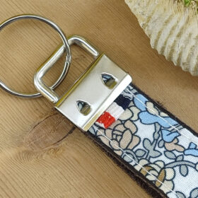 Porte clés cuir et tissu bleu et camel