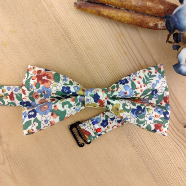 Noeud papillon double fleuri bleu, terracotta et vert