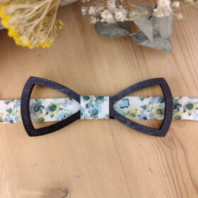 Noeud papillon bois et tissu floral vert