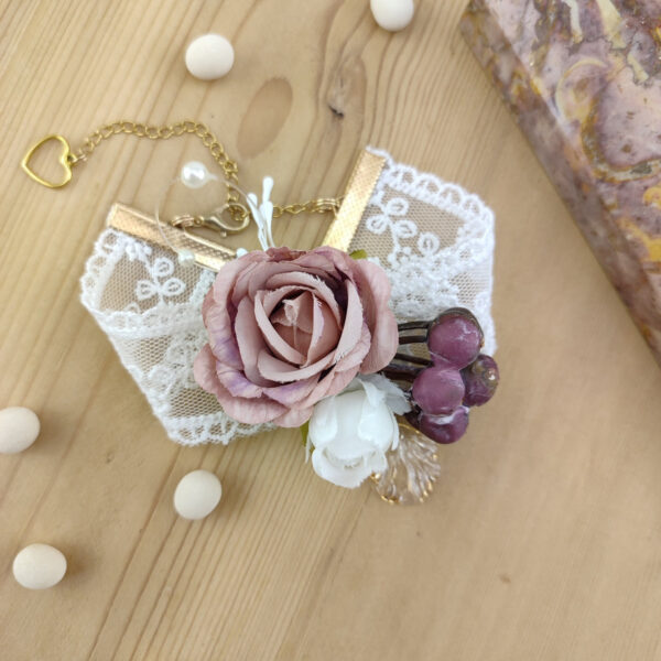 Bracelet dentelle avec fleur vieux rose