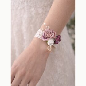 Bracelet dentelle avec fleur vieux rose
