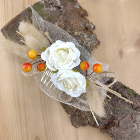 Peigne à cheveux feuille squelette, rose et baies