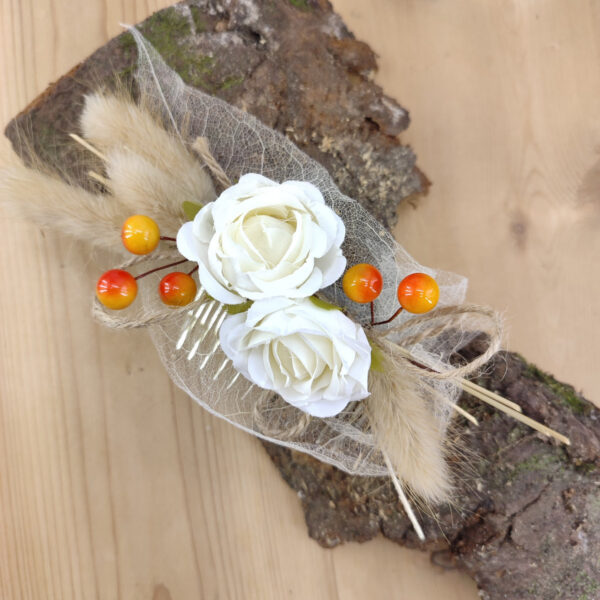Peigne à cheveux feuille squelette, rose et baies
