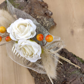 Peigne à cheveux feuille squelette, rose et baies