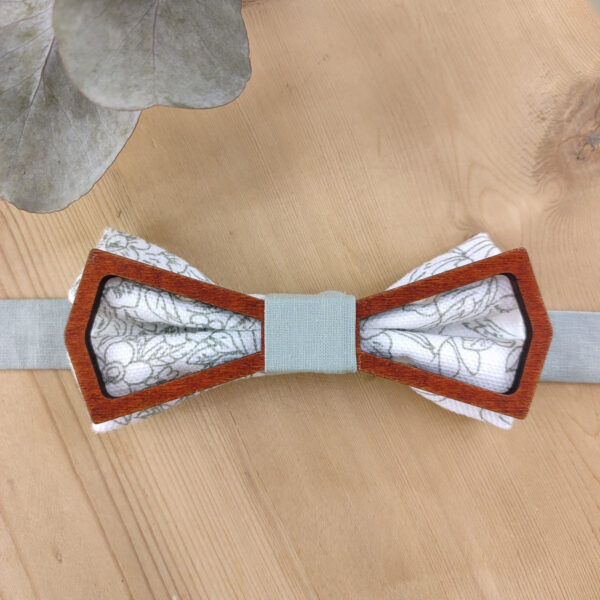 Noeud papillon bois et tissu vert floral