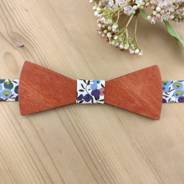 Noeud papillon bois et Liberty Wiltshire vert et terracotta