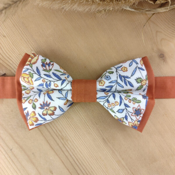 Nœud Papillon Fleuri terracotta et Bleu – Style Champêtre Chic