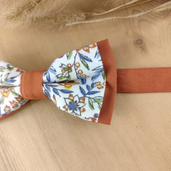 Noeud Papillon Enfant Fleuri & Terracotta en Coton Bio – Style Champêtre