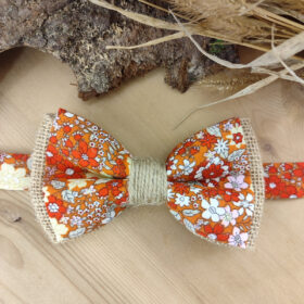 Nœud Papillon Fleuri Orange / terracotta et Jute – Élégance Champêtre "Le Rustique"