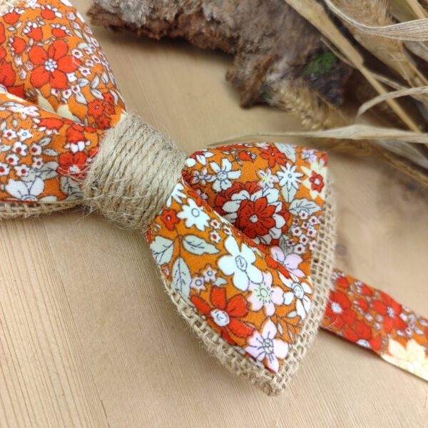 Nœud Papillon Fleuri Orange / terracotta et Jute – Élégance Champêtre "Le Rustique"