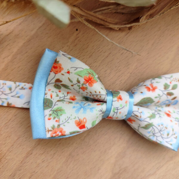 Noeud Papillon Enfant en Liberty Fleuri & Sous-Nœud Satin Bleu Ciel