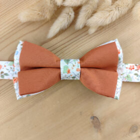 Noeud papillon terracotta – Tissu uni & sous-nœud Liberty orangé / vert