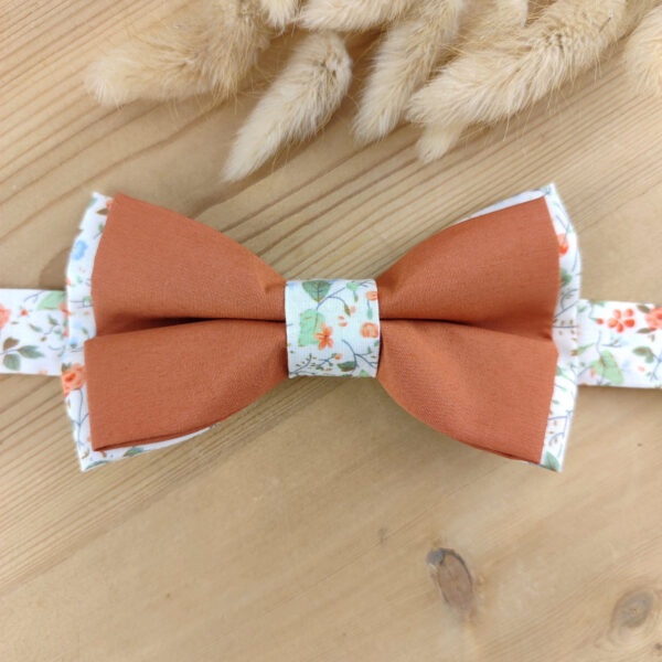 Noeud papillon terracotta – Tissu uni & sous-nœud Liberty orangé / vert
