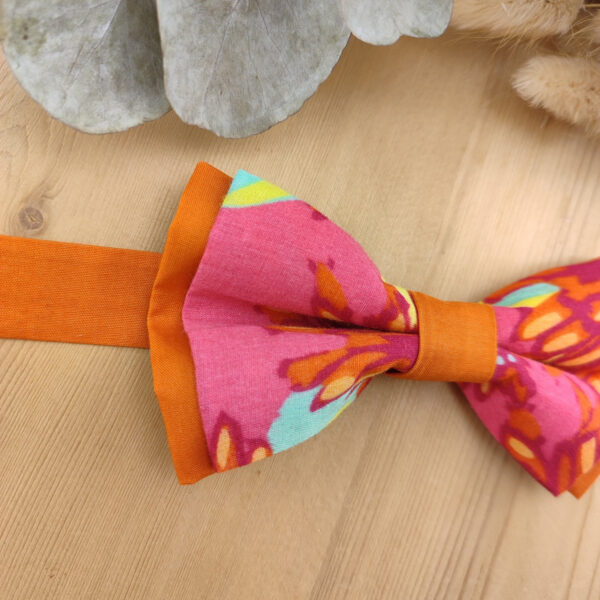 Noeud Papillon Coton Orange Brûlée et Popeline Fleurie Rose Fuchsia