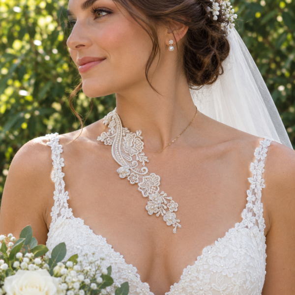 Collier de mariée en dentelle ivoire et perles