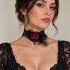 Choker en dentelle noire avec fleur prune et plumes – Collier ras du cou gothique romantique - Ederton
