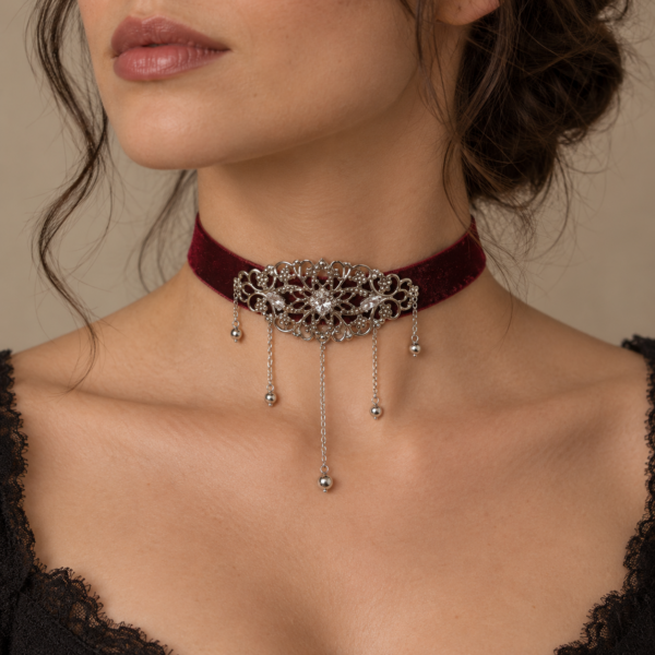 Choker en velours bordeaux – Collier ras-de-cou ornement argenté et chaînettes