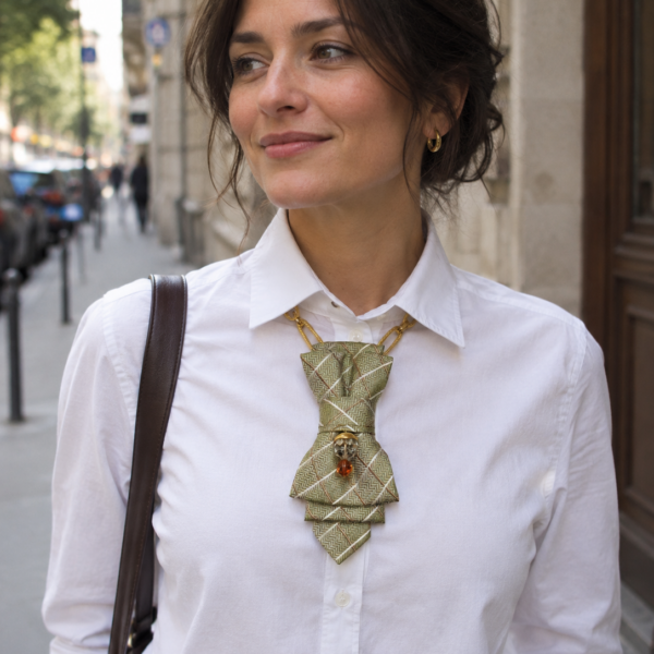 Collier cravate en soie jacquard vert amande et chaîne dorée