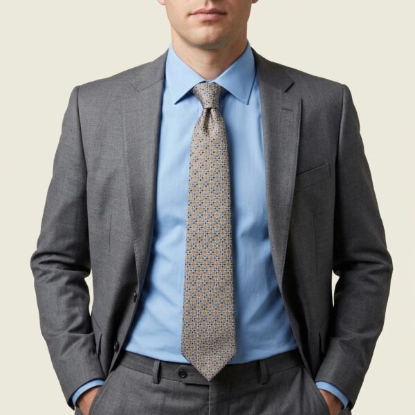 Alternative view of Cravate homme marron et bleu à motifs géométriques