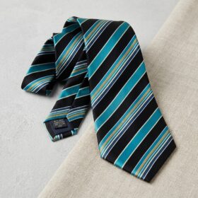 Cravate en soie jacquard noire et bleu canard à rayures dorées
