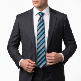 Cravate en soie jacquard noire et bleu canard à rayures dorées