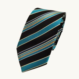 Cravate en soie jacquard noire et bleu canard à rayures dorées